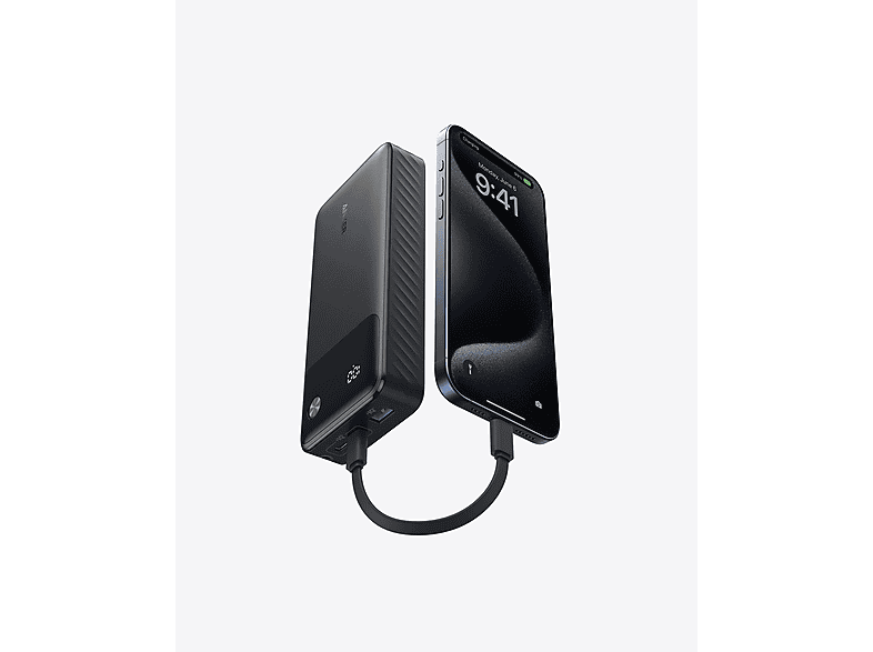 Un chargeur portable connecté à un téléphone. Le chargeur est noir et le téléphone est noir avec l'heure 9h41.