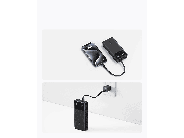 Deux batteries externes noires avec un téléphone en charge. Une batterie se charge dans une prise.
