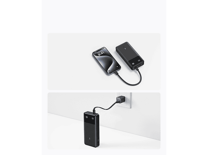 Deux batteries externes noires avec un téléphone en charge. Une batterie se charge dans une prise.