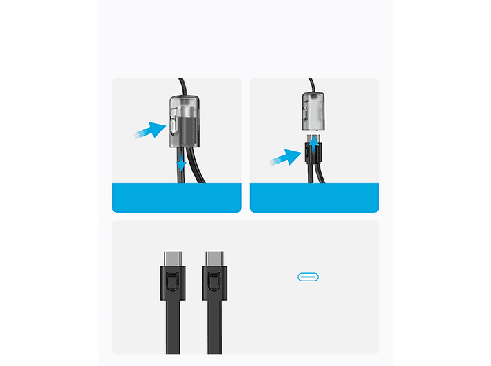 Schéma d'un câble et de son connecteur en cours d'assemblage. Les connecteurs USB-C sont montrés en bas.