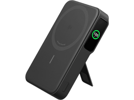 Un chargeur sans fil noir avec un écran affichant 100% et un support.