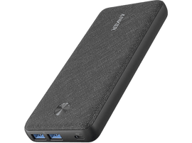 Batterie externe Anker gris foncé. Surface texturée, bouton et ports de charge.