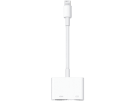 Adaptateur HDMI Apple blanc avec connecteur Lightning et port HDMI.