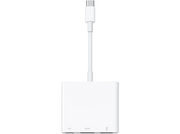 Adaptateur blanc avec ports HDMI et USB connecté à un câble blanc et un connecteur USB-C.