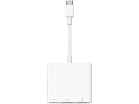 Adaptateur blanc avec ports HDMI et USB connecté à un câble blanc et un connecteur USB-C.