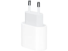 Chargeur Apple blanc avec prise à deux broches. Il a une forme rectangulaire.