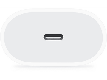 Adaptateur secteur blanc avec un port USB-C. C'est un petit appareil de forme ovale.