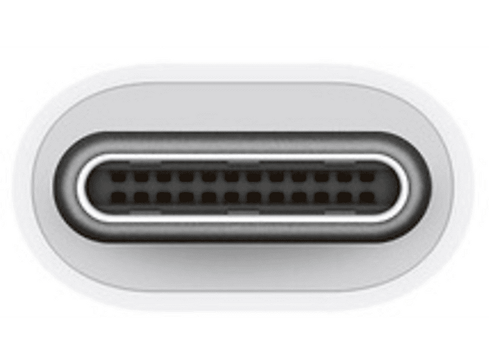 Gros plan sur un connecteur USB-C, coque extérieure blanche avec broches internes noires.
