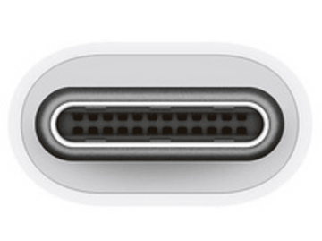 Gros plan sur un connecteur USB-C, coque extérieure blanche avec broches internes noires.