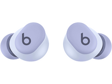 Charger l&#39;image dans la galerie, Paire d&#39;écouteurs violets clairs et blancs avec un logo &#39;b&#39;. Isolé sur fond blanc.
