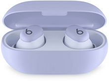 Charger l&#39;image dans la galerie, Étui d&#39;écouteurs violet ouvert avec deux écouteurs blancs et violets à l&#39;intérieur, sur fond blanc.
