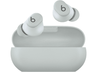 Écouteurs Beats blancs et étui de chargement sur fond noir.