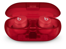 Charger l&#39;image dans la galerie, Écouteurs sans fil rouges dans un étui de chargement rouge transparent, les deux sur fond blanc.
