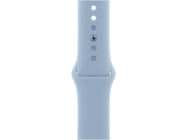 Bracelet Apple Watch bleu clair avec trois trous de réglage et une goupille. Sur fond noir.