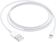 Un câble blanc USB vers Lightning, enroulé sur fond noir, avec des connecteurs aux deux extrémités.