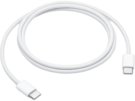 Câble USB-C blanc, enroulé. Deux connecteurs blancs à chaque extrémité.