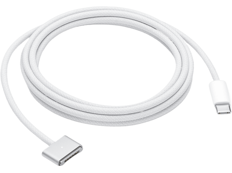 Un câble USB-C vers MagSafe blanc avec un connecteur à chaque extrémité, sur fond noir.