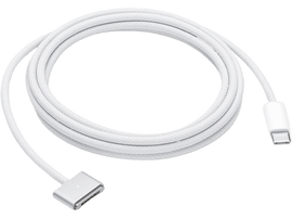 Un câble USB-C vers MagSafe blanc avec un connecteur à chaque extrémité, sur fond noir.