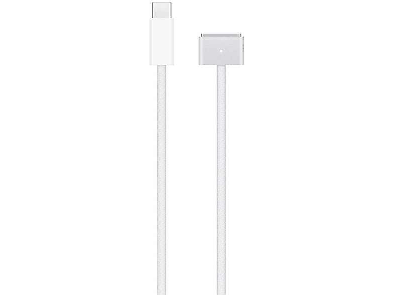 Un câble de charge blanc Apple avec un connecteur USB-C et une tête de charge magnétique.