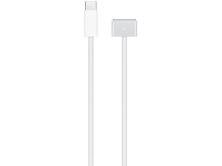 Un câble de charge blanc Apple avec un connecteur USB-C et une tête de charge magnétique.
