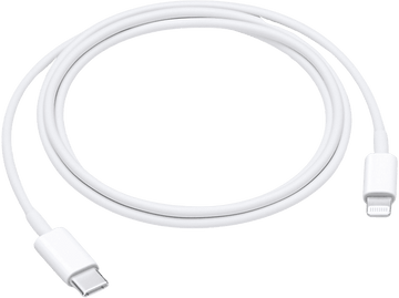 Câble blanc Apple. Une extrémité est USB-C, l'autre Lightning.