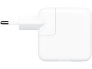 Un chargeur Apple blanc avec prise intégrée et corps carré.