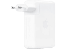 Chargeur Apple blanc avec deux broches et le logo Apple.