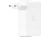 Chargeur Apple blanc avec deux broches et le logo Apple.