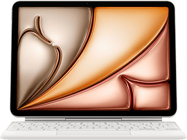 Un ordinateur portable blanc avec clavier affiche un design abstrait orange et marron sur noir.