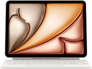 Un ordinateur portable blanc avec clavier affiche un design abstrait orange et marron sur noir.