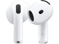 Écouteurs sans fil Apple AirPods blancs. Chaque écouteur a un maillage noir.