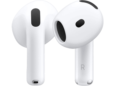 Écouteurs sans fil Apple AirPods blancs. Chaque écouteur a un maillage noir.