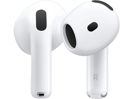 Écouteurs sans fil Apple AirPods blancs. Chaque écouteur a un maillage noir.