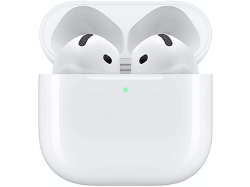 Étui blanc AirPods Pro avec deux écouteurs visibles à l'intérieur et une lumière verte.