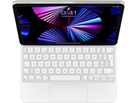 iPad blanc avec clavier attaché, écran noir affiche l
