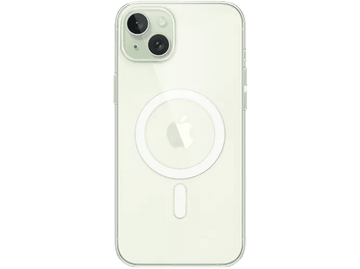 Un iPhone dans un étui transparent. Le téléphone est vert clair, logo Apple visible.