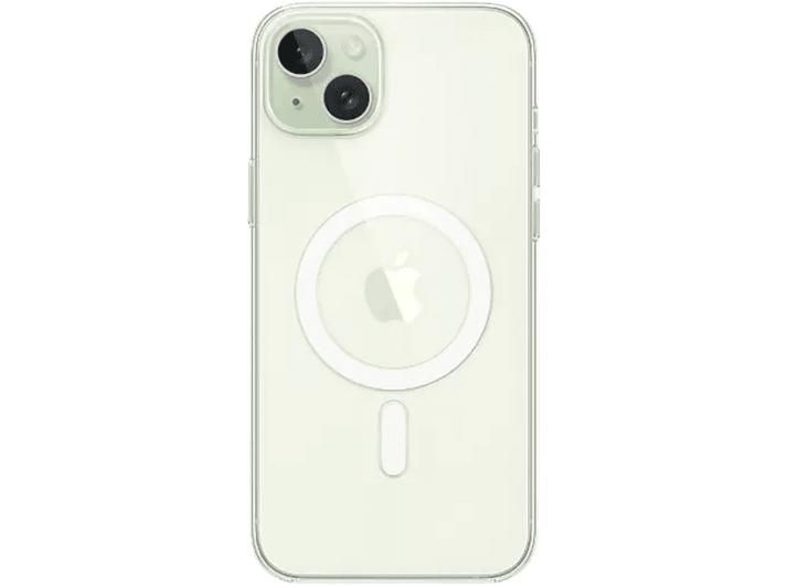 Un iPhone dans un étui transparent. Le téléphone est vert clair, logo Apple visible.