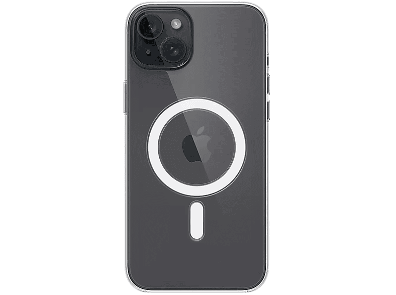 Une coque de téléphone transparente sur un iPhone noir. La coque a un cercle blanc et une découpe pour le logo Apple.