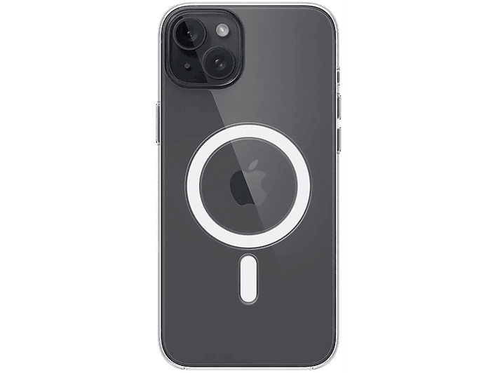 Une coque de téléphone transparente sur un iPhone noir. La coque a un cercle blanc et une découpe pour le logo Apple.