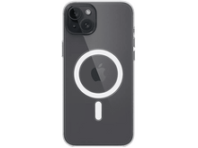 Charger l'image dans la galerie, Une coque de téléphone transparente sur un iPhone noir. La coque a un cercle blanc et une découpe pour le logo Apple.
