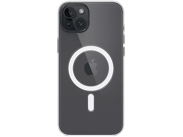 Une coque de téléphone transparente sur un iPhone noir. La coque a un cercle blanc et une découpe pour le logo Apple.