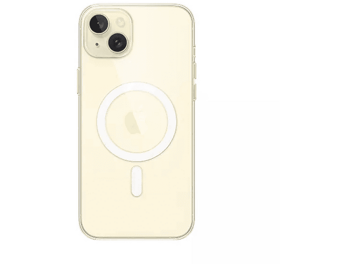 Une coque de téléphone avec un dos transparent, montrant un téléphone jaune avec un magsafe circulaire blanc.
