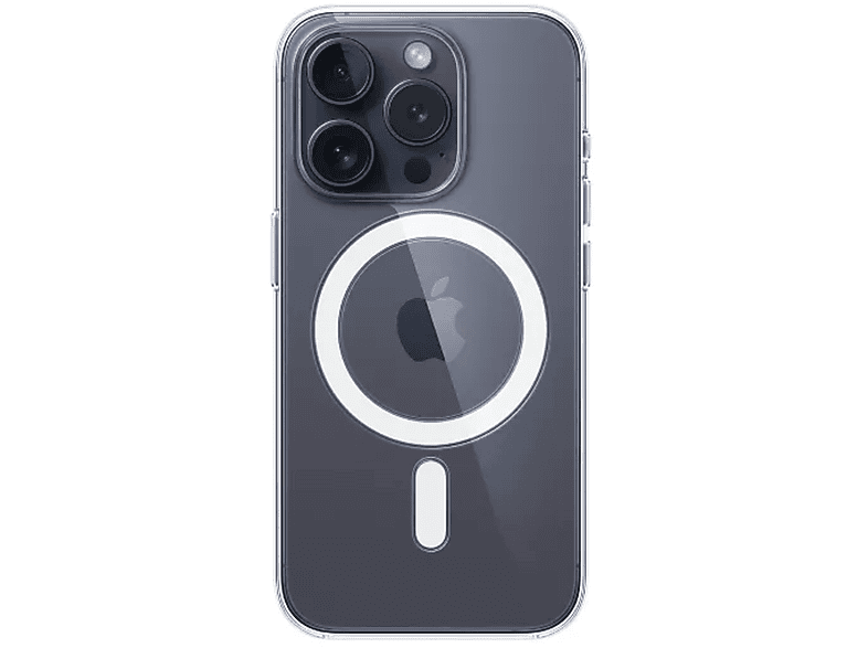 Dos d'une coque transparente pour iPhone avec un iPhone à l'intérieur, logo Apple visible.