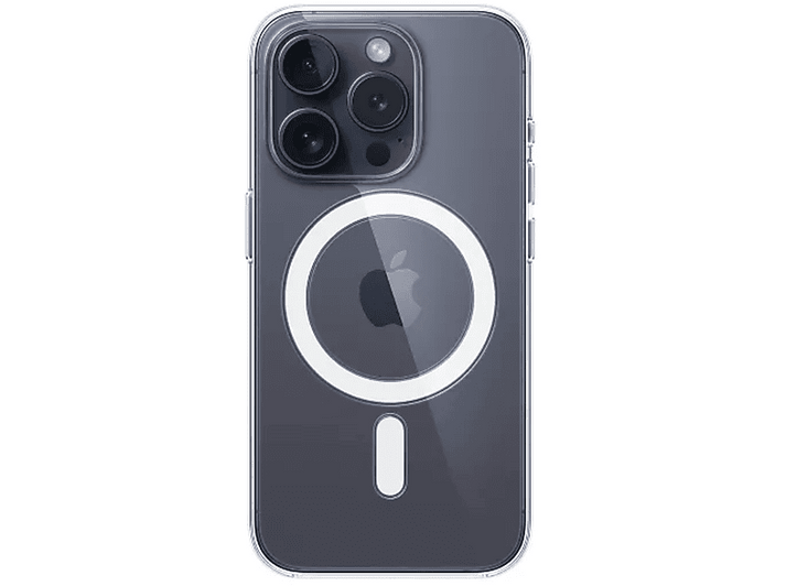 Dos d'une coque transparente pour iPhone avec un iPhone à l'intérieur, logo Apple visible.