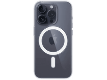 Charger l'image dans la galerie, Dos d'une coque transparente pour iPhone avec un iPhone à l'intérieur, logo Apple visible.
