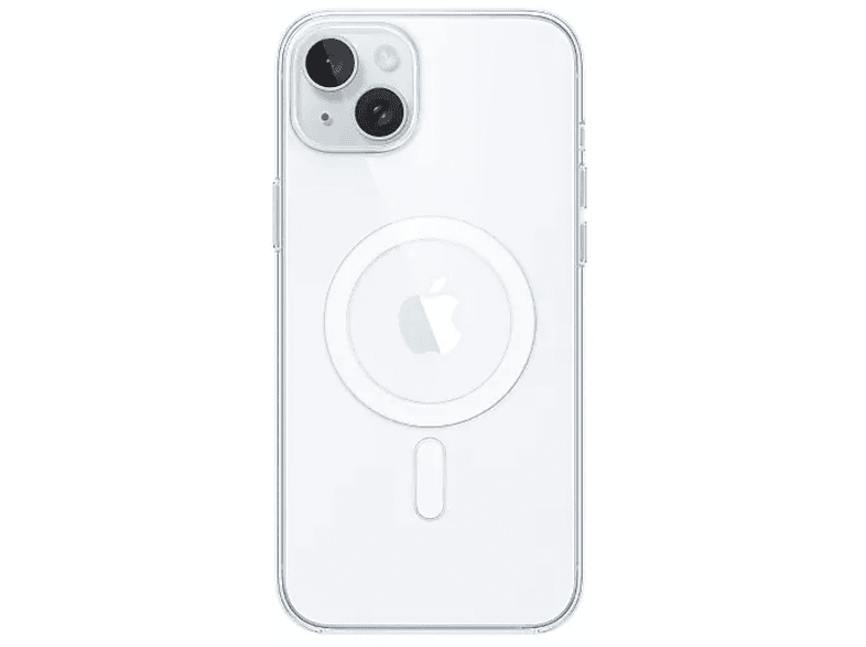 Coque de téléphone transparente sur fond blanc. Montre l'arrière de l'iPhone avec l'appareil photo et le logo Apple.