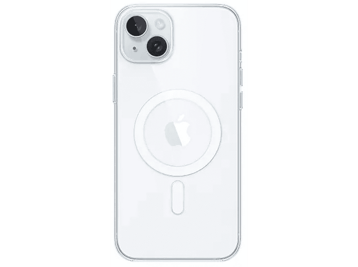 Coque de téléphone transparente sur fond blanc. Montre l'arrière de l'iPhone avec l'appareil photo et le logo Apple.