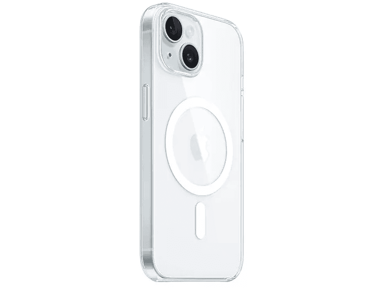 Coque iPhone transparente avec cercle MagSafe blanc et surface brillante.
