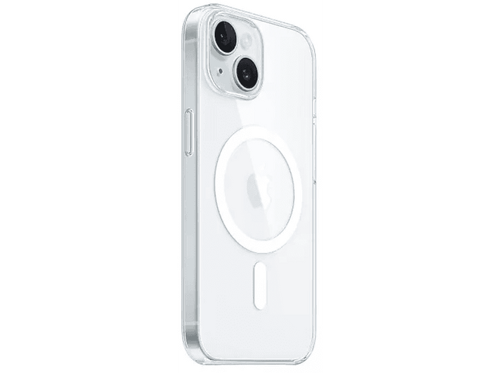 Coque iPhone transparente avec cercle MagSafe blanc et surface brillante.