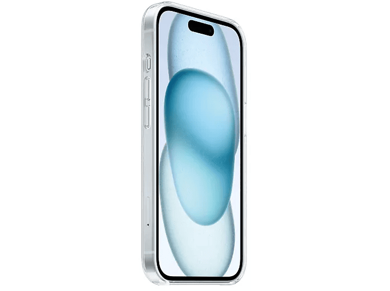 Un smartphone argenté avec un étui transparent, affichant un design abstrait bleu et blanc sur l'écran, sur fond blanc.